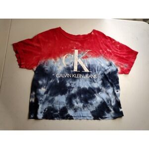 Calvin Klein Jeans Tie Dye Crop Top Red Blue White Logo Women's Size M